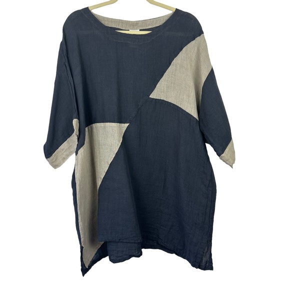 March Point Tops - MATCH POINT Linen Lagenlook Oversized Layering Tunic Top Blue Gray Tan One Size